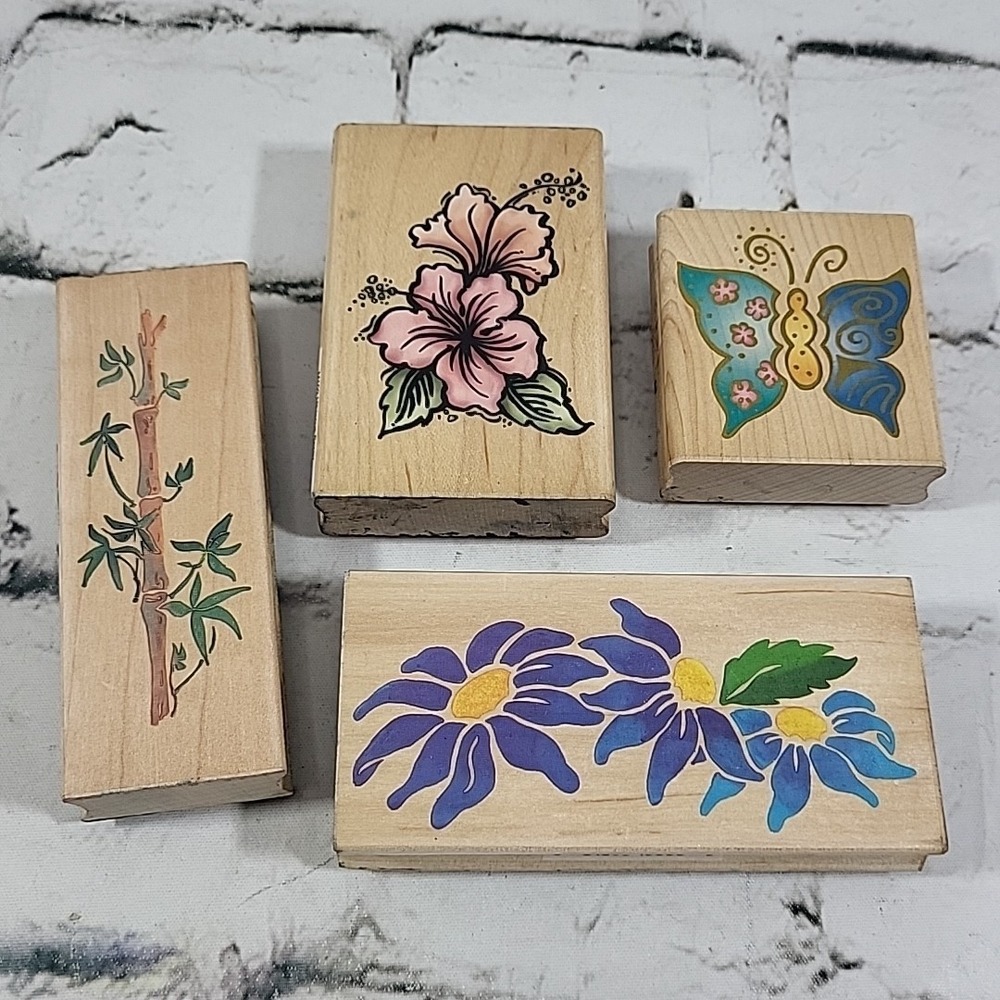 Rubber Stamps Lot Of 4 Flowers Butterfly Bamboo‎ Wood Mounted Crafts